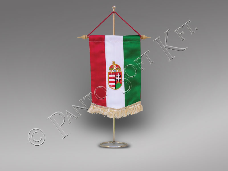 asztali zászló, hímzett magyar címerrel